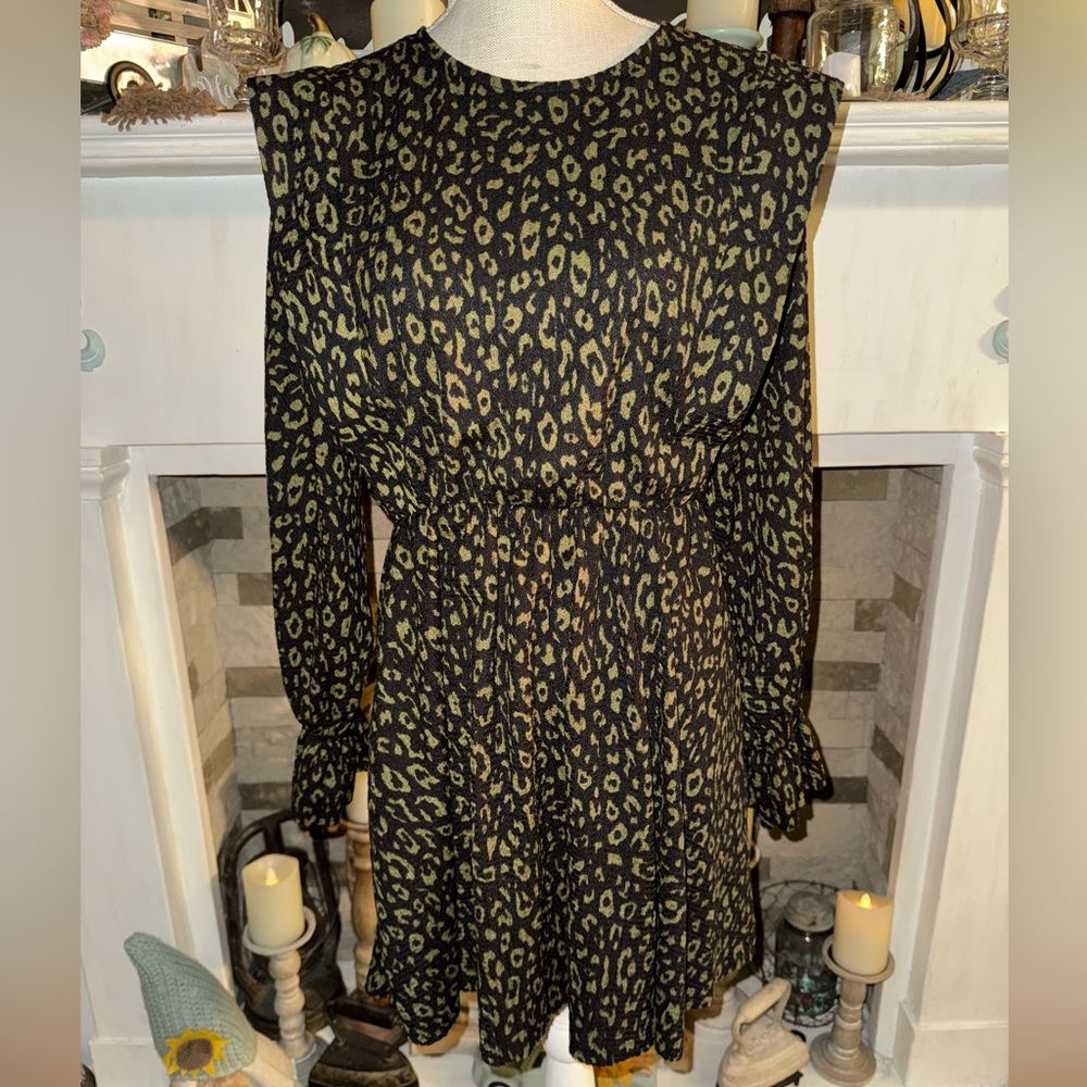 Zara Black and Olive Green Leopard Print Mini Dress